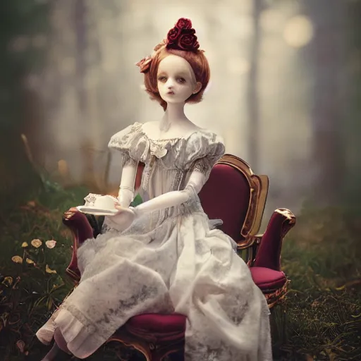 Image similar to A beautiful atmospheric photo of a beautiful Bjd doll girl, wearing cute victorian costume, fantasy tea cup, intricate details, sharp focus, symmetrical composition, octane render, 8k, volumetric lighting