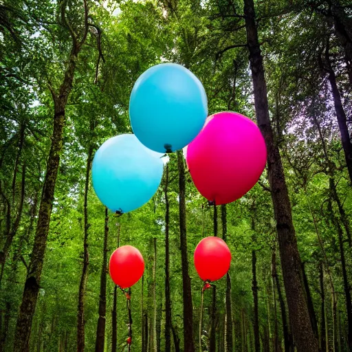 Image similar to An abandoned forest with colorful balloons, Sony a7R IV, symmetric balance, polarizing filter, Photolab, Lightroom, 4K, Dolby Vision, Photography Award