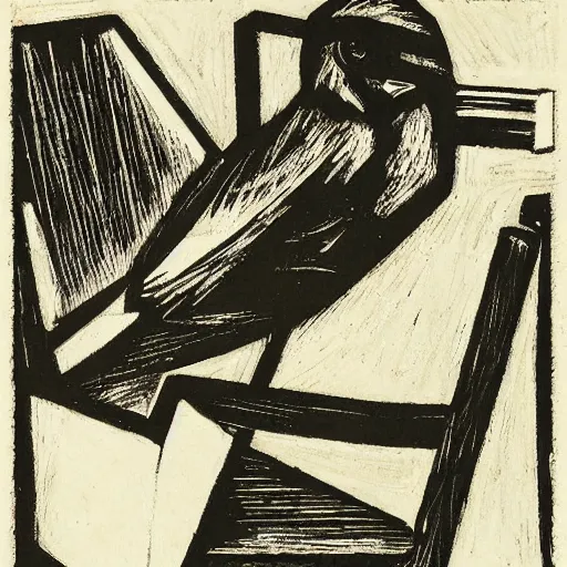 Image similar to a townsend's warbler perched on the back of an adirondack chair, german expressionist woodcut, kathe kollwitz, ernst ludwig kirchner, max beckmann, max pechstein, black and white