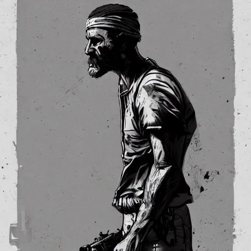 Prompt: don ramon walking dead game telltale, gigachad black and white trending on artstation, painted by greg rutkowski