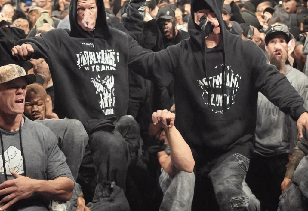 Image similar to john cena in a hoodie during a rap battle held in a warehouse. Rap battle from the movie 8 mile.