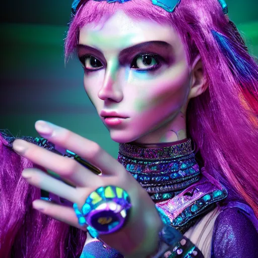 Image similar to Ethereal, mysterious stunning maximalist mesmerizing cyberpunk Dora The Explorer from the rainbow sky paradise, high-tech, professional high fashion model photo shoot, hyperdetailed by Mark Ryden and artgerm and Hiroyuki-Mitsume Takahashi, close-up 35mm macro shot, hyperrealism, 8k resolution 3D, cinematic, dynamic lighting, octane render, unreal engine 5