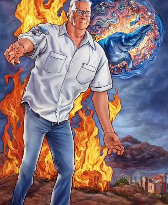 Image similar to normal hank hill wearing bluejeans and white tshirt, the god of propane, blue flames, propane tanks, magic realism, art by mike judge, art by josephine wall, art by huang guangjian, art by viktoria gavrilenko, art by amanda sage, trending on artstation