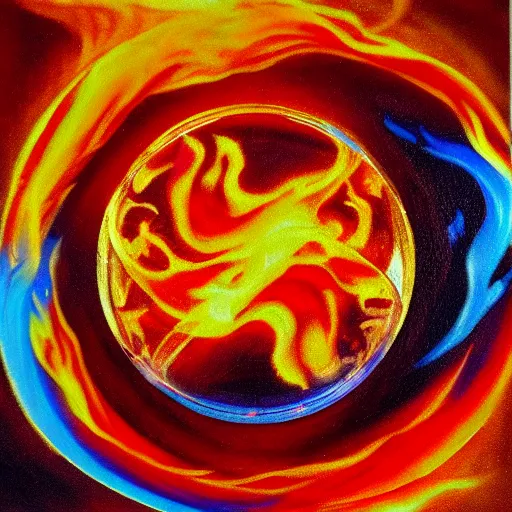 Image similar to soap bubble covered in fire flames, centered, symmetrica, oil paintingl