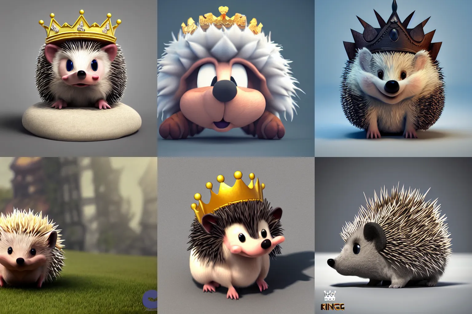 Prompt: cute cartoon hedgehog, king\'s crown, octane render, photorealistic, unreal engine, quixel megascans