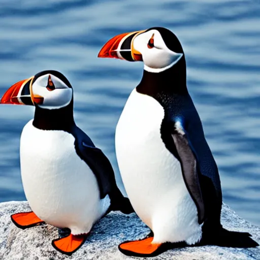 Image similar to puffin and a penguin sitting on a rock