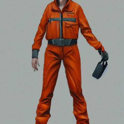 Prompt: character concept art of heroic stoic emotionless butch blond handsome woman engineer with very short slicked - back butch hair, narrow eyes, wearing atompunk jumpsuit, orange safety vest, retrofuture, highly detailed, science fiction, illustration, oil painting, pulp sci fi