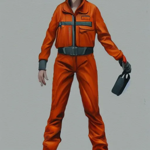 Image similar to character concept art of heroic stoic emotionless butch blond handsome woman engineer with very short slicked - back butch hair, narrow eyes, wearing atompunk jumpsuit, orange safety vest, retrofuture, highly detailed, science fiction, illustration, oil painting, pulp sci fi