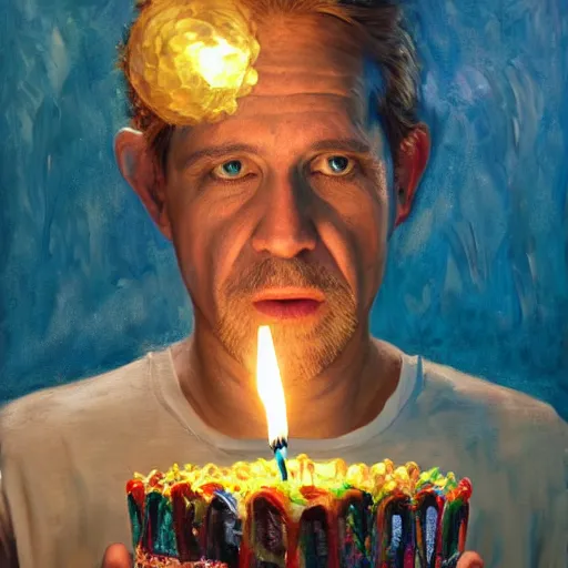 Prompt: intricate five star portrait of fish man blowing the candle at his birthday, oil on canvas, hdr, high detail, photo realistic, hyperrealism, matte finish, high contrast, 3 d depth, centered, masterpiece, grainy, muted colors, enhanced light effect, enhanced eye detail, artstationhd