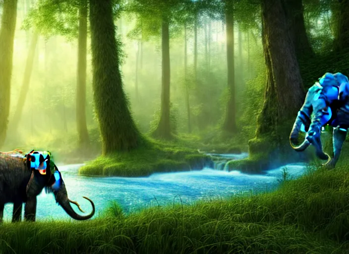 Image similar to hyperrealism, detailed textures, photorealistic 3 d render, a surreal mystical forest with a bright winding blue creek, wooly mammoths grazing, sharp focus, ultra realistic, ultra high pixel detail, cinematic, intricate, cinematic light, concept art, illustration, art station, unreal engine 8 k