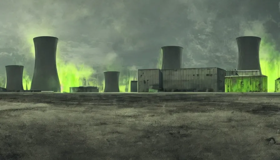 Image similar to Outside a Factory, Glowing Nuclear Waste Fluids Gush out of a Nuclear Facility, Dystopian, Hyperrealistic Rendering, Cinematic Lighting, High Contrast