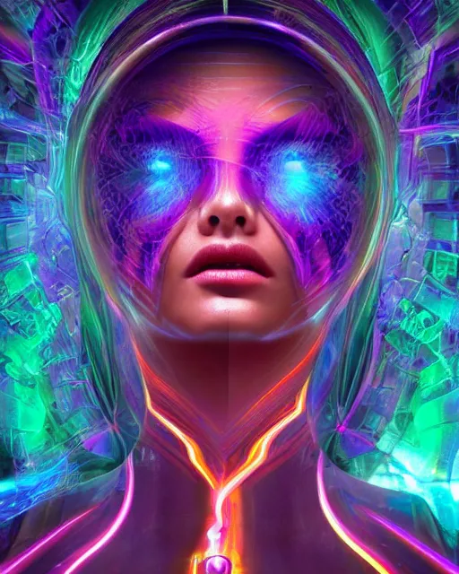 Image similar to a powerful energy psychedelic matrix woman, by alexander fedosav, hyper detailed digital matte painting, concept art, hyperrealism, 1 6 k resolution, cinema 4 d, 8 k resolution, trending on artstation, behance hd, a masterpiece, by stephan martiniere, particles, cel - shaded, power bright neon energy, by david a. hardy,