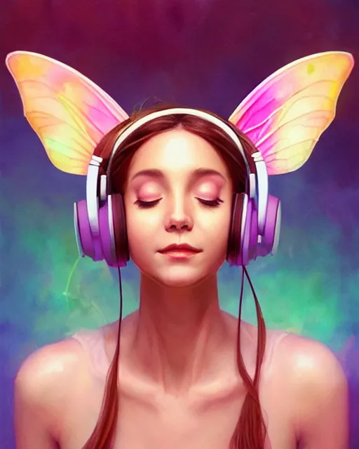 Prompt: faerie with headphones and a spliff. smug smile and closed eyes. noble bearing. award winning ornate symmetry matte portrait, artgerm, rhads watercolor, determination