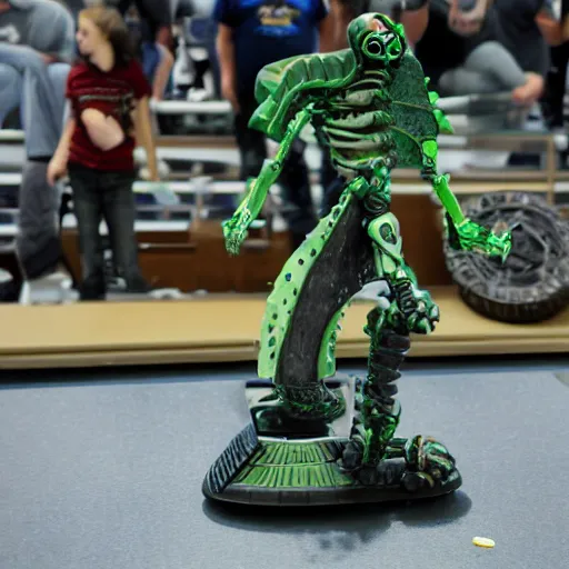 Image similar to necron doing a kickflip while humans look on in amazement and awe