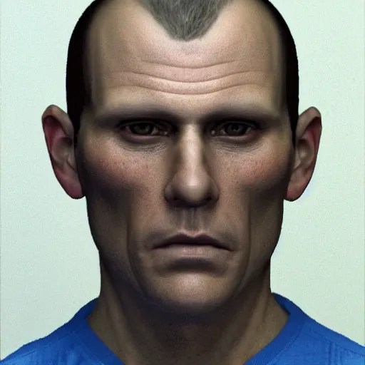 Image similar to A mugshot portrait of a middle aged man who looks like Jerma985 with a buzzcut, and wearing late 1990s menswear in the late 2000s, taken in the late 2000s, grainy, realistic, hyperrealistic, very realistic, highly detailed, very detailed, extremely detailed, detailed, trending on artstation, front facing, front view, headshot and bodyshot, detailed face, very detailed face