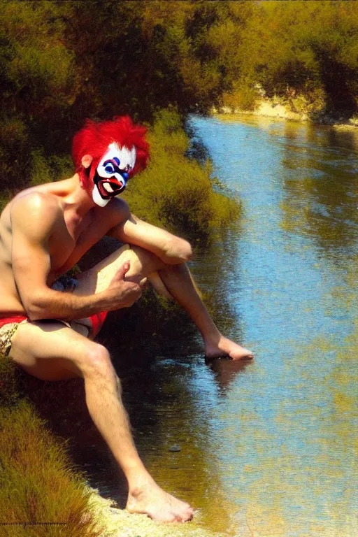 Image similar to attractive man by a river, bright sunlight, oil covered skin, wearing a clown wig and clown makeup, painting by gaston bussiere, craig mullins