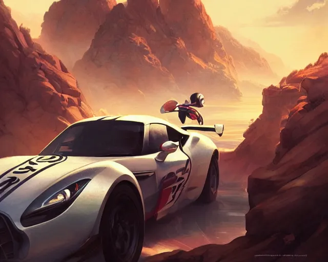 Prompt: sports car race directed by steven spielberg, deep focus, d & d, fantasy, intricate, elegant, highly detailed, digital painting, artstation, concept art, matte, sharp focus, illustration, hearthstone, art by artgerm and greg rutkowski and alphonse mucha
