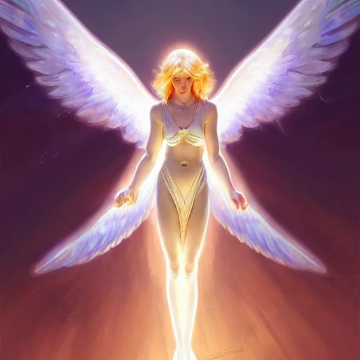 Image similar to Winged girl angel with blonde hair and glowing halo, iridescent, seraphim, fantasy, intricate, elegant, highly detailed, digital painting, artstation, concept art, smooth, sharp focus, illustration, art by Krenz Cushart and Artem Demura and alphonse mucha