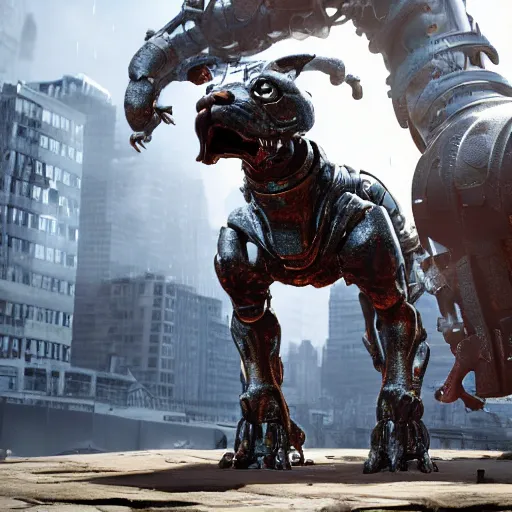 Prompt: hybrid of a cyborg dog and a steel golem kaiju, ultra detailed, 8 k, rule of thirds, professional lighting, unreal engine.