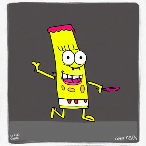 Image similar to childish crayon drawing of spongebob squarepants cartoon character holding a kitchen knife