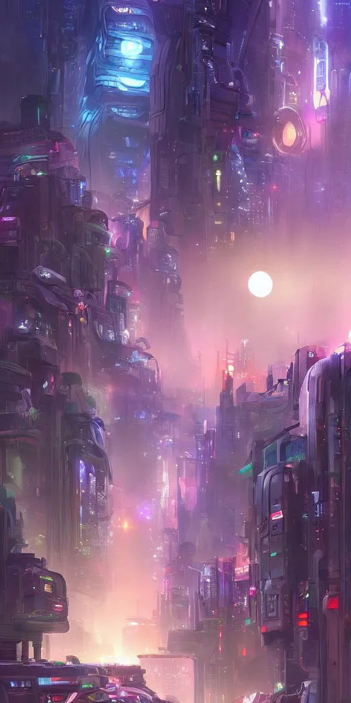 Image similar to a futuristic cyberpunk city where the sun never shines and the moon is always full. the lights are colorful and the air is thick with fog. by tyler edlin.