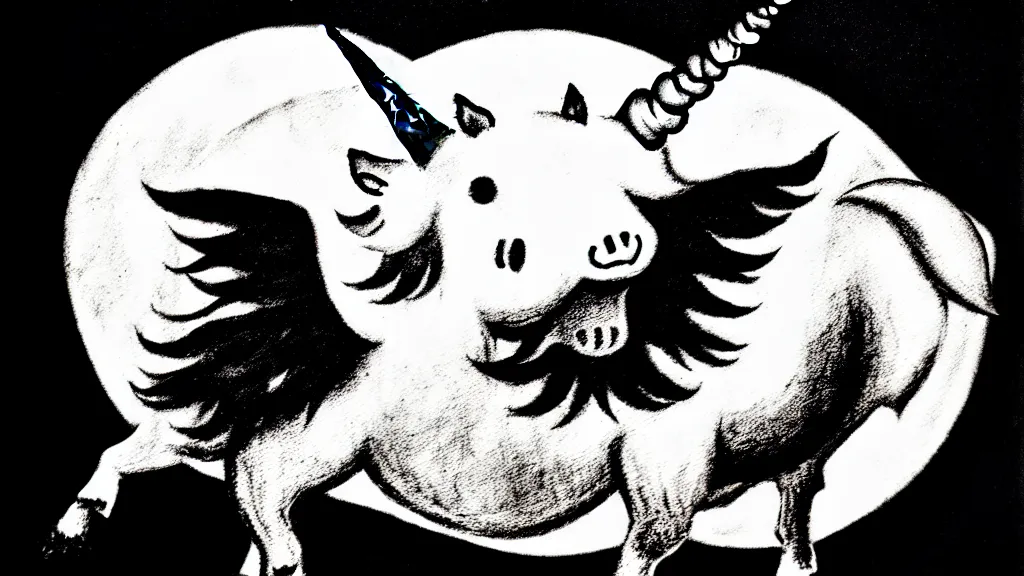 Image similar to flying pig with unicorn horn, derek hess style, black and white, 35mm, 8k