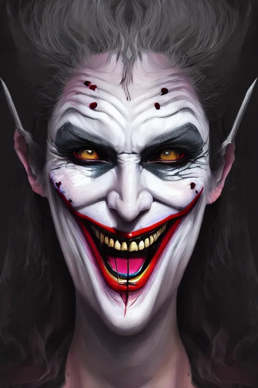 Prompt: beautiful ancient witch with joker face uses bat magic, highly detailed, digital painting, artstation, sharp focus, illustration, art by tan zi and ayanamikodon and alphonse and wlop