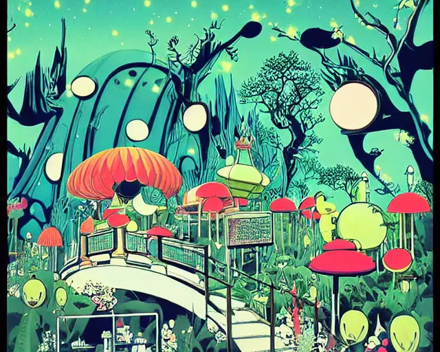 Prompt: pop surrealism alien pavilion garden, retro stylized illustration by leiji matsumoto