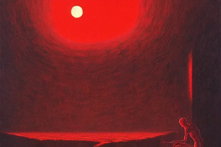 Image similar to only with red, a red shinigami eat apple, mars in background, an ancient path, in the style of beksinski, part by hopper, part by rodcenko, part by hofbauer, intricate composition, red by caravaggio, insanely quality, highly detailed, masterpiece, red light, artstation