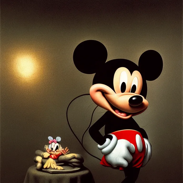 Image similar to portrait of mickey mouse, by hieronymus bosch, soft bloom lucid dream - like dark atmosphere, baroque portrait painting, perfect composition, intricate detailed octane render trending on artstation, 8 k artistic photography, volumetric cinematic perfect light, chiaroscuro, masterpiece, raphael, caravaggio, rutkowski, beeple, beksinski