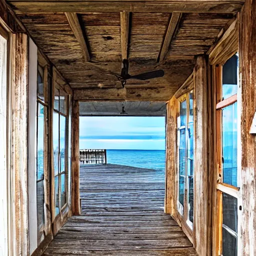 Image similar to seaside wickered furniture, cool morning, open breezeway, blue hour, old weathered wood, solitude and safety forever