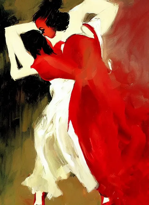 Prompt: emotional tango dancer girl in white and red dress, painting by phil hale, fransico goya,'action lines '!!!, graphic style, visible brushstrokes, motion blur, blurry, visible paint texture, crisp hd image