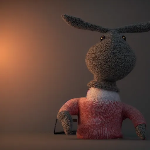 Image similar to woollen sock puppet from hell, missing an ear, big bobbly eyes, octane render, volumetric lighting, smokey atmosphere, rim lighting, glow lights, sharp focus, clear focus, soft shadows, highly intricate, hdr, creepy, clown vibes, textures, 8 k, 4 k, cinematic pose, trending on artstation, deviantart, award winning, contest entry