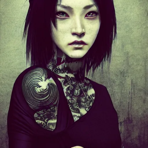 Image similar to japanese gothic model with maximalist hair style and kanji tattoos, style of trinity from the matrix, dark colors, fashion model, portrait shot, depth of field, 8 k, hyper detailed, intricate, trending on artstation