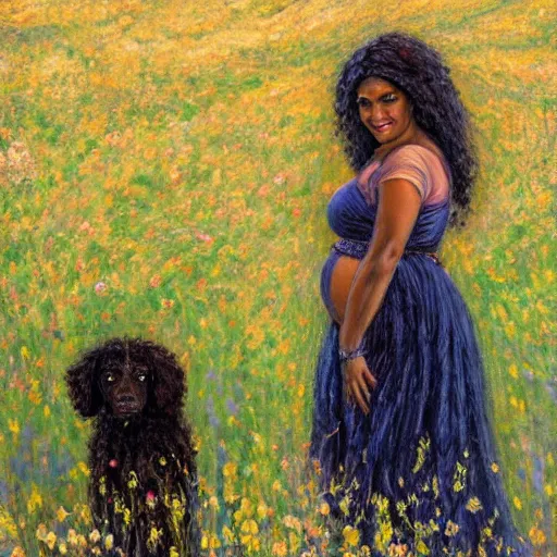 Image similar to egyptian man with long curly hair in a field of flowers, alongside a pregnant black woman with curly hair, with a small black puppy in the middle, golden hour, vintage, impressionist painting, fine art, oil painting, dreamy, pastel, laughing, happy, intricate details, sharp, peaceful, serene