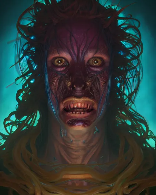 Image similar to portrait of a creepy bioluminescent monster, male, slightly asymmetrical, highly detailed, digital painting, cinematic lighting, hyperrealism, dark retrowave, art by stanley lau and artgerm and magali villeneuve and alphonse mucha, artstation hd, octane render, cgsociety