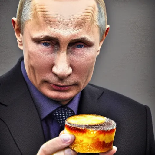 Image similar to vladimir putin endorsing a creme brulee with banana slice on top, digital art