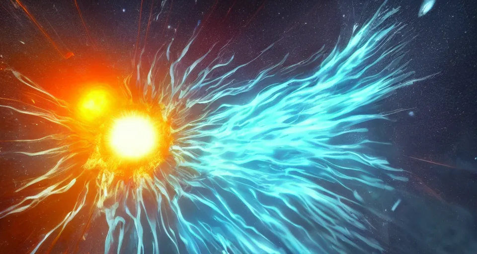 Image similar to plant of water crashing into a planet of fire, bright explosion