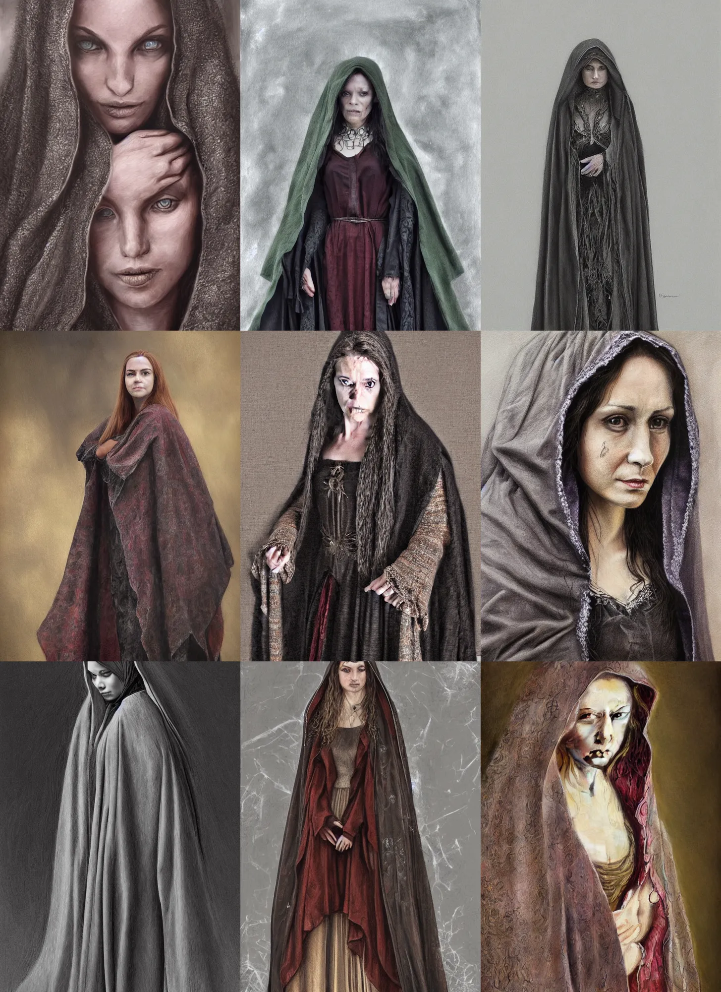 Prompt: hyper - realistic detailed full body portrait of woman with cloak by victoria frances, dark