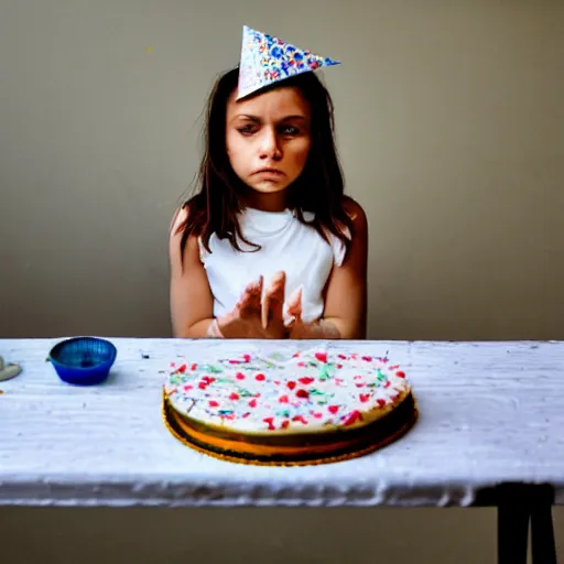 Prompt: a girl with a white headkerchief sitting alone on a birthday table looking sad