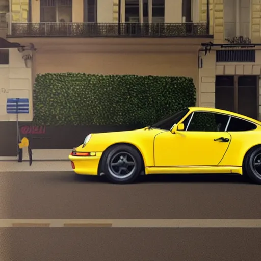 Image similar to Yellow Porsche 911 Carrera 3.2 parked in front of a Bondi Cafe, highly detailed, digital painting, artstation, concept art, smooth, sharp focus, illustration, art by artgerm and greg rutkowski and alphonse mucha