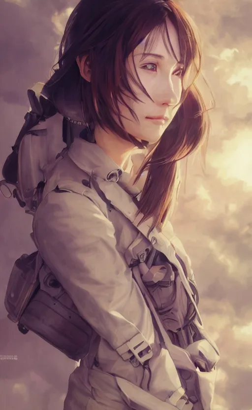 Image similar to a flying girl, fused aircraft parts, military pilot clothing, anime style, short hair, hair down, symmetrical facial features, from arknights, hyper realistic, 4 k, rule of thirds, extreme detail, detailed drawing, trending artstation, hd, realistic lighting, by alphonse mucha, greg rutkowski, shoulder eyes, backlit