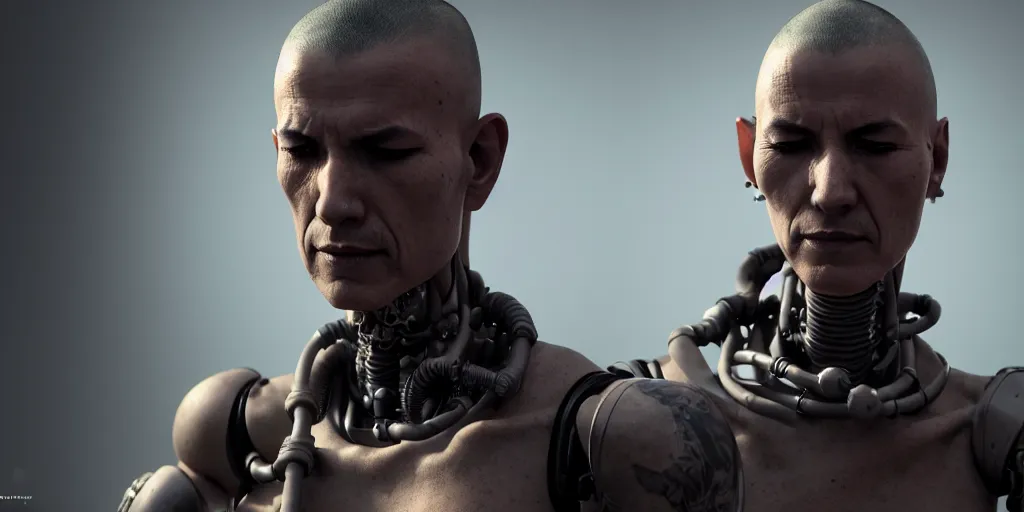 Image similar to 3 d render of the meditating monk with mohawk and tattoo on face and cybernetic enhancements, 3 d render, octane render, scifi character portrait by greg rutkowski, craig mullins, cinematic lighting, dystopian scifi outfit, profile picture, mechanical, cyborg, half robot ultra realistic 8 k resolution.