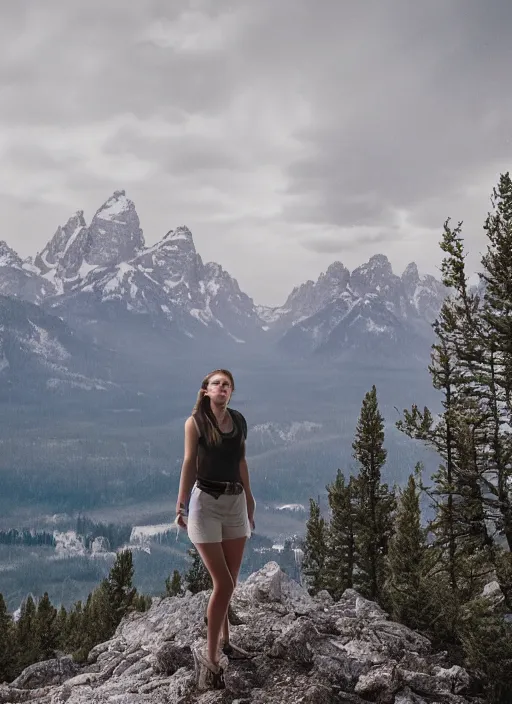 Prompt: gabby petito in grand teton national park, splash art, movie still, cinematic lighting, dramatic, octane render, 8 k, hyper detailed, 3 5 mm film grain