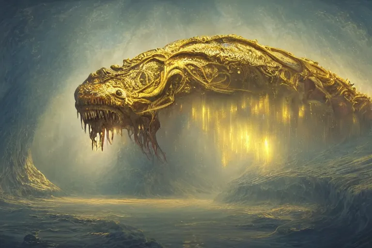 Prompt: ultra realist soft painting of a single lovecraftian gigantic creature, very intricate details, deep fog, golden ratio, volumetric rainbow lighting, reflections, refractions, symmetry accurate anatomy features, omnious background, unreal render