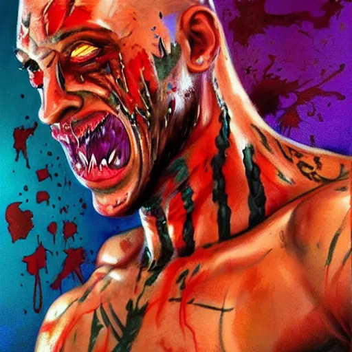 Prompt: Bright, colorful, realistic Serial killer rpg single individual full body shot gore covered with scars and tattoos screaming, backlighting, kodachrome, high contrast, highly detailed, sharp focus, digital painting, concept art, illustration, trending on artstation, comic book by Alex Ross cover art