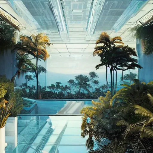 Image similar to indoor liminal space, golden light, peter tarka, palm trees, minimalistic, hyperrealistic surrealism, award winning masterpiece with incredible details, epic stunning, infinity pool mirrors, a surreal vaporwave liminal space with mirrors, highly detailed, trending on artstation, artgerm and greg rutkowski and alphonse mucha, daily deviation