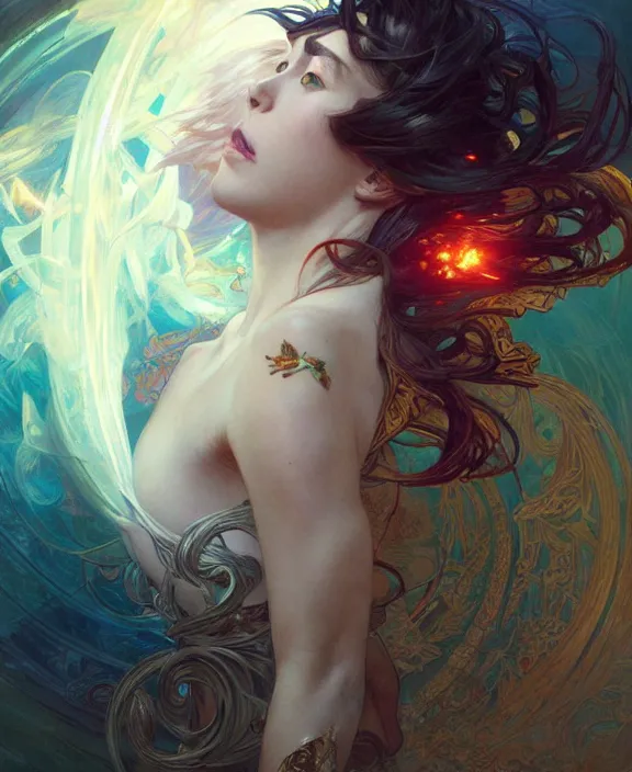 Image similar to a whirlwind of souls ushing inside the metaverse, half body, glowin eyes, d d, fantasy, intricate, elegant, highly detailed, colorful, vivid color, digital painting, artstation, concept art, art by artgerm and greg rutkowski and alphonse mucha and ruan jia