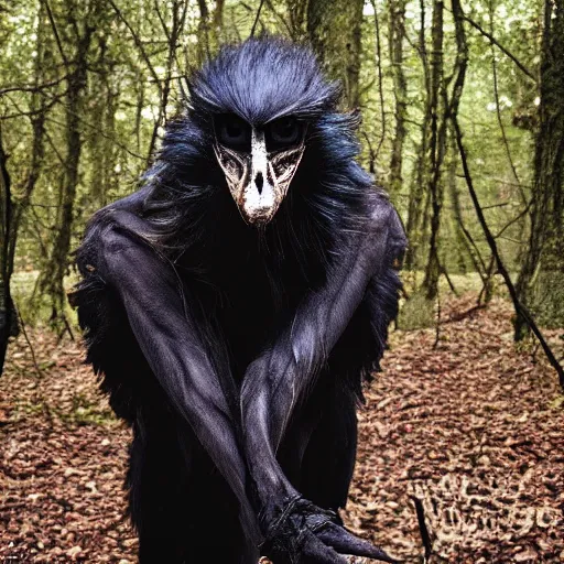 Image similar to werecreature that is a mix between human and crow, photograph captured in a forest