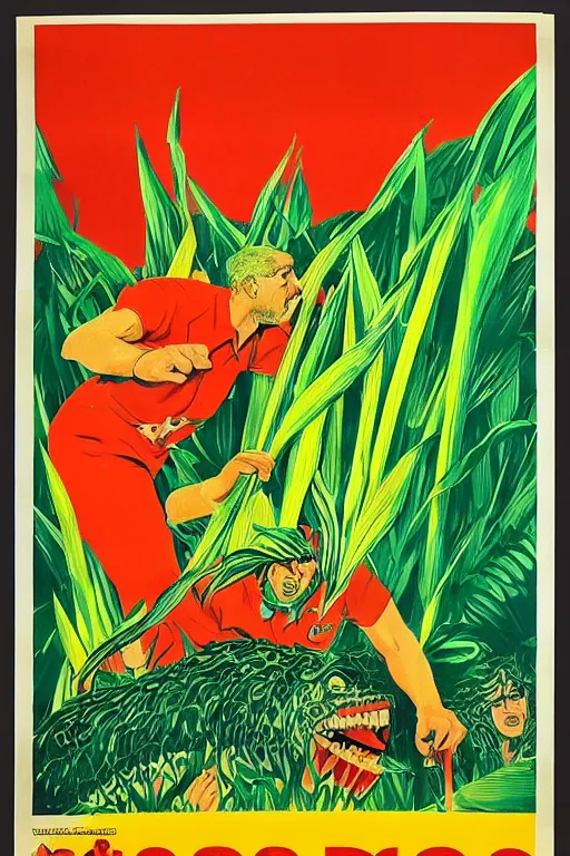 Prompt: a 1960s soviet propaganda poster about the dangers of giant rampaging corn monsters